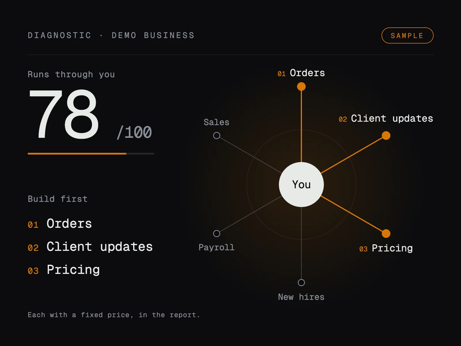 A SAMPLE Diagnostic for a demo business: 78 of 100 runs through the owner. A map with you in the middle and a line to each job; the three to build first are lit: 01 orders, 02 client updates, 03 pricing. Payroll, sales and new hires stay grey